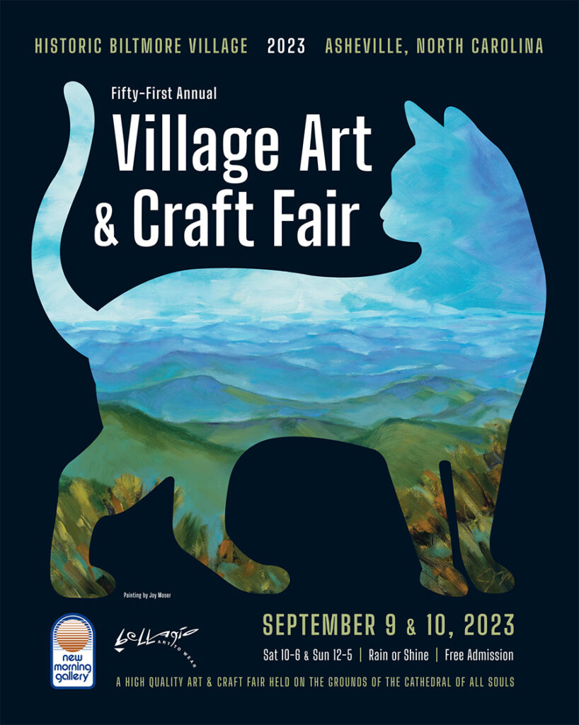 2023 Village Art & Craft Fair Poster featuring a Blue Ridge landscape framed by a cat silhouette.